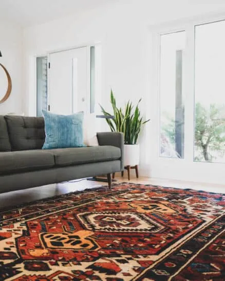 teal 2-seat couch and red area rug