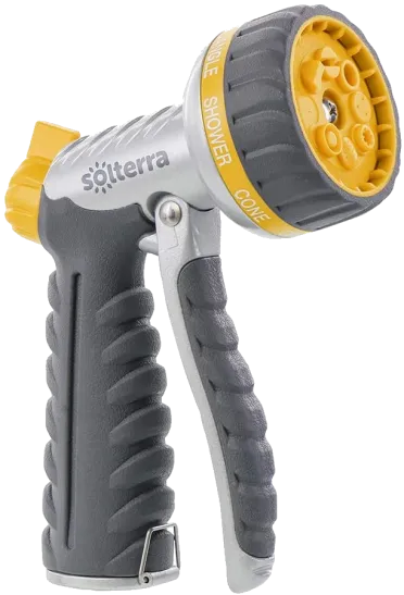 Gray Solterra 56296 8-Pattern High-Flow Garden Hose Nozzle With The Front Trigger