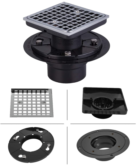 A Polished Chrome Square Tile-In Bath Drain With A Hair Catcher And An Adjustable Height Is Available In Black Abs.