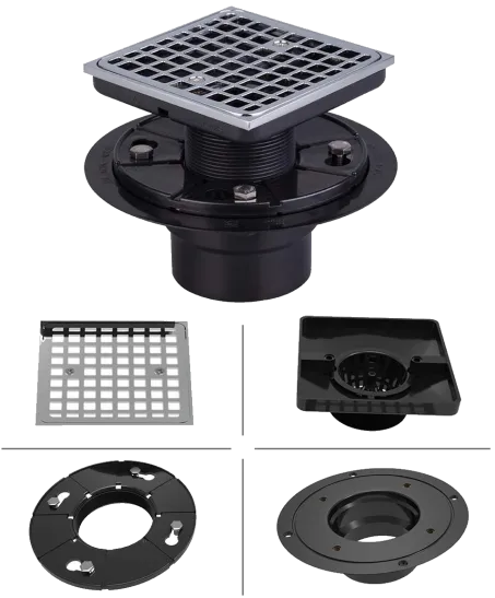 A Polished Chrome Square Tile-In Bath Drain With A Hair Catcher And An Adjustable Height Is Available In Black Abs.
