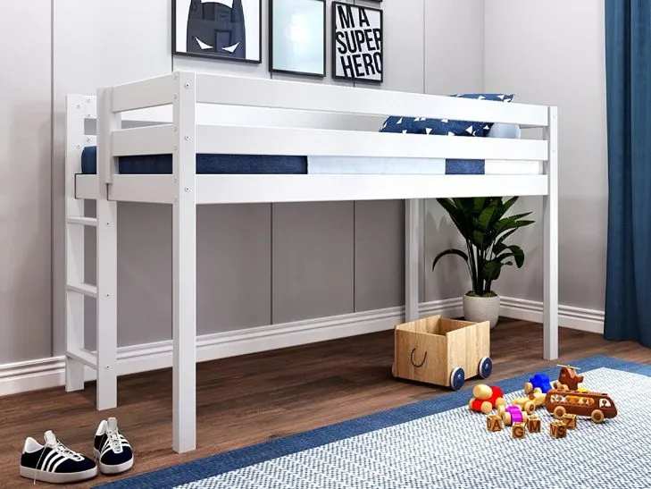 Jackpot! White Minimal Loft Twin Mattress With Final Ladder, Contemporary Style