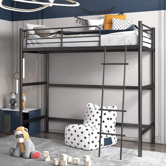 Steel Twin Loft Mattress With Customizable Ladder, Protected Loft Bed Structure With Safety Keeper Rails Space-Saving In The Bedroom Or Dormitory Bedroom