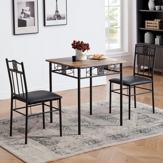 Table And Kitchen Tables For Small Spaces, Retro Brown, Vecelo 3-Piece Wood Paneled Table, And Cushioned Pu