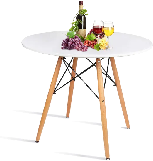 White Dining Kitchen Table With Wooden Legs, Contemporary, Round 31.5 "For Use In Conference Rooms And Offices Between Two And Four Individuals