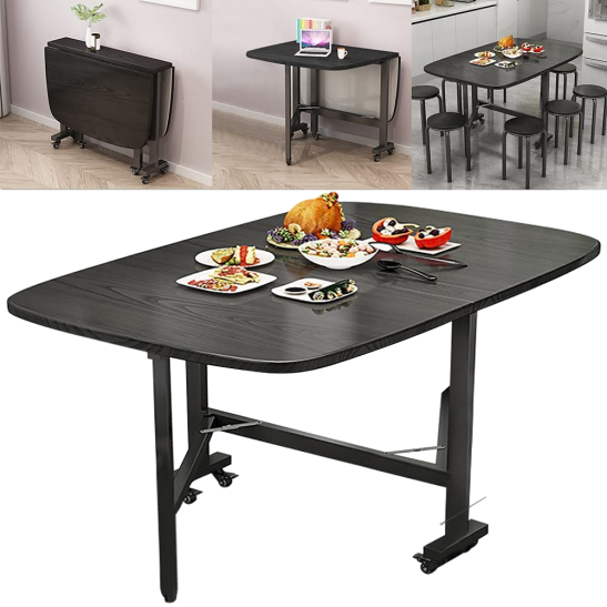 With 6 Wheels, The Rukulin Bendable Kitchen Table And Dining Room Table Can Be Moved From Room To Room And Transformed Into A Three-Fold Table.