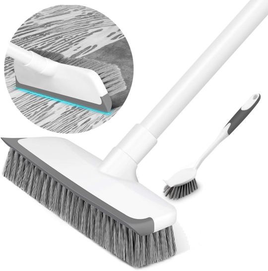 All-Purpose Scrub Brush With A 55-Inch Long Handle For Cleaning The Floor Of Your Bathroom, Patio Or Kitchen, As Well As A Squeegee.