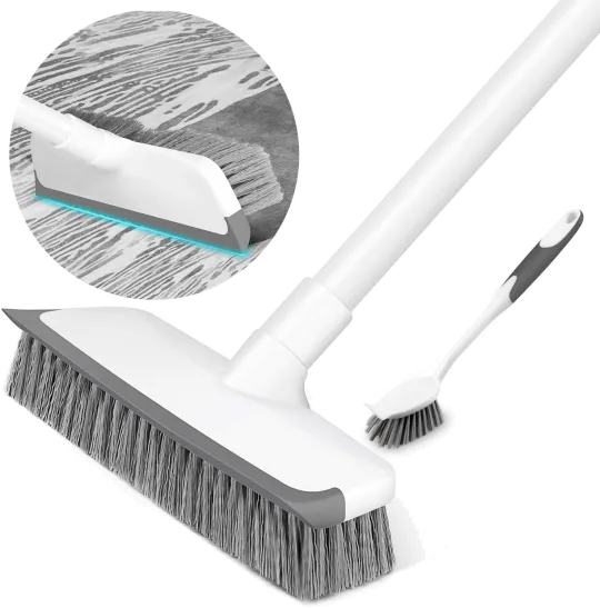 All-Purpose Scrub Brush With A 55-Inch Long Handle For Cleaning The Floor Of Your Bathroom, Patio Or Kitchen, As Well As A Squeegee.