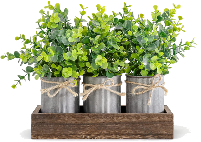 Decor Wooden Tray With Simulated Eucalyptus And 3 Galvanized Metal Pots By Dahey Decorative Decor For A Coffee Table And Dining Room In A Farmhouse Style Living Room, Kitchen, And Bath In Brown