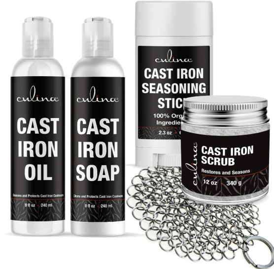 Culina All Natural Ingredients | Best For Cleaning, Non-Stick Cooking, And Restoring | Cast Iron Cookware Seasoning Stick & Soap & Oil Conditioner & Restoring Scrub & Stainless Scrubber