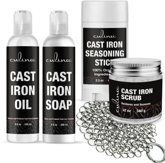 Culina All Natural Ingredients | Best For Cleaning, Non-Stick Cooking, And Restoring | Cast Iron Cookware Seasoning Stick & Soap & Oil Conditioner & Restoring Scrub & Stainless Scrubber