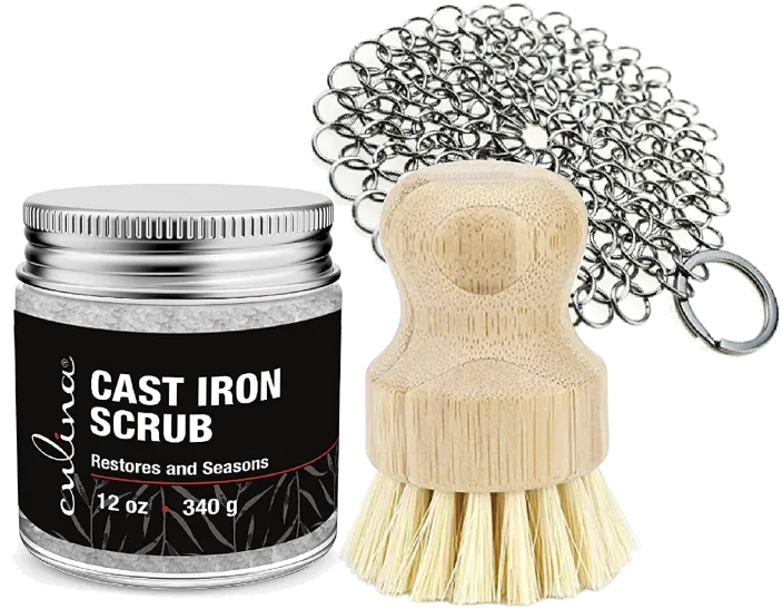 Culina Cast Iron Cleaning & Restoring Scrub & Brush & Stainless Scrubber | Removes Rust Without Scratching & Care Before Cleaning, Washing, & Seasoning | 100% Natural | For Cast Iron Skillets, Pans, & Cookware