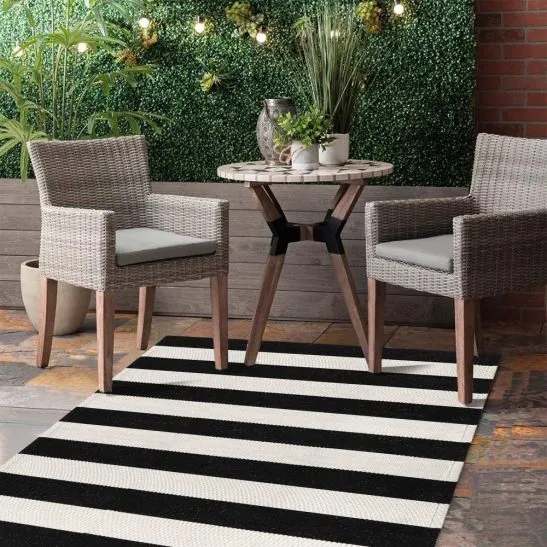 Striped Indoor Patio Rugs, 35.4" x 59" Slavish Black and White Outdoor Area Rug, 35.4" x 59" Handmade Woven Farmhouse Rug, Machine Washable Stripe Carpet Cotton Rug for Living Room Entry Way Porch Rug