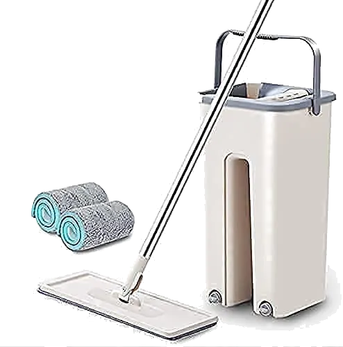 LIVYOR Heavy Quality Floor Mop with Bucket, Flat Squeeze Mop Bucket System Cleaning Supplies 360° Flexible Mop Head/2 Reusable Pads Home Floor Cleaner Mops Extended Stainles(MULTI) (MULTI)