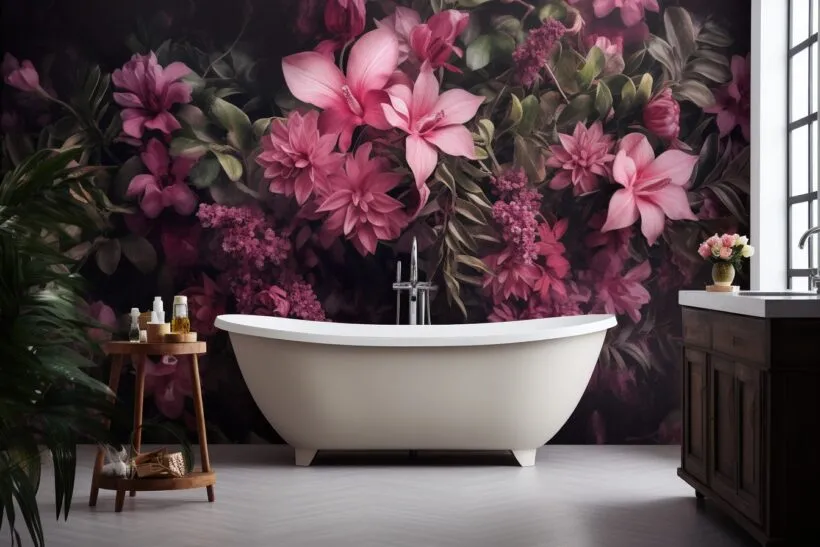 Beautiful bathroom with floral peel and stick wallpaper