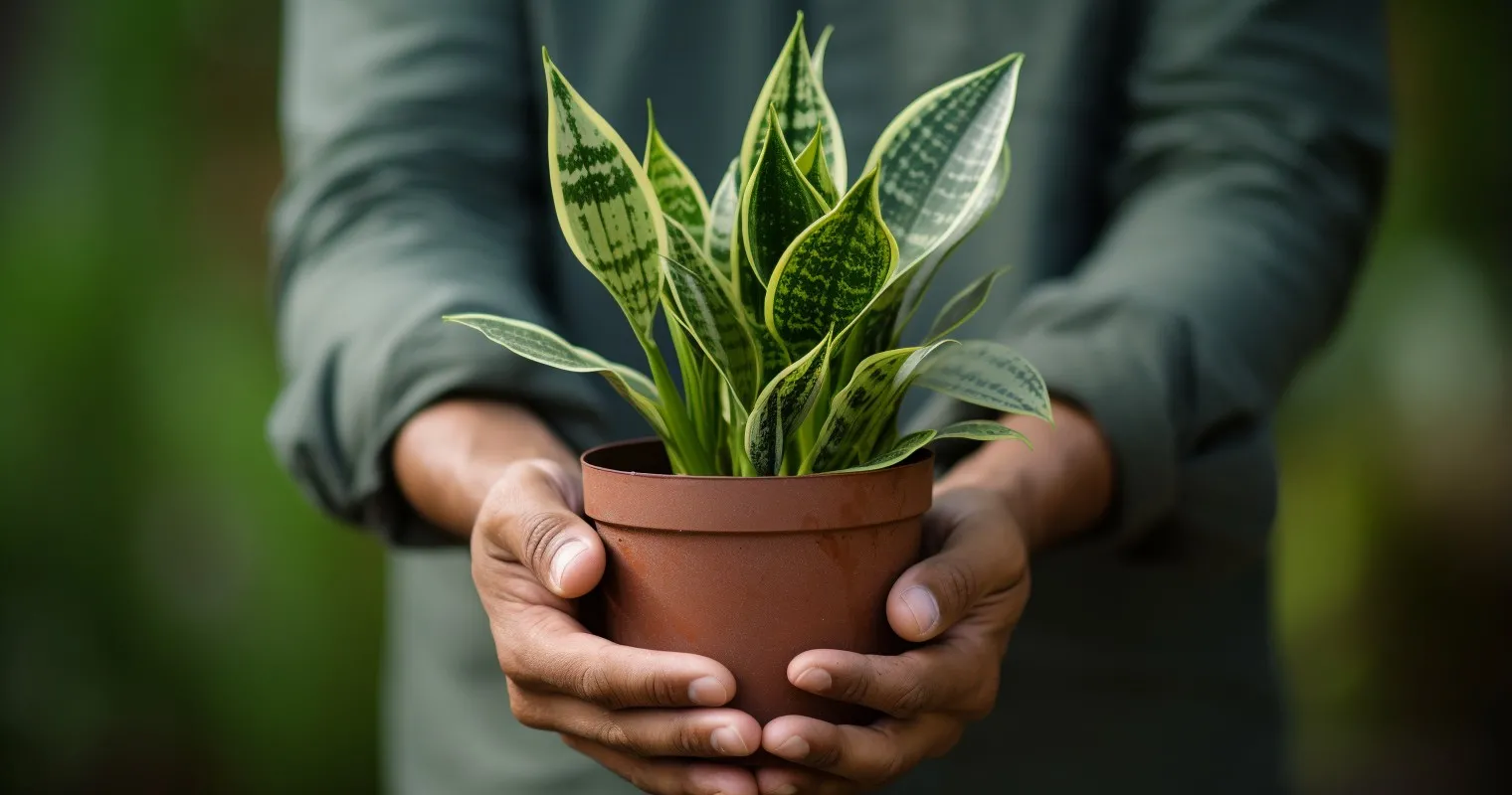 A Person Holding A Potted Snake Plant