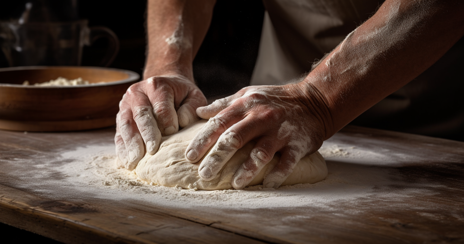 A baker skillfully rolling dough with a bench scraper