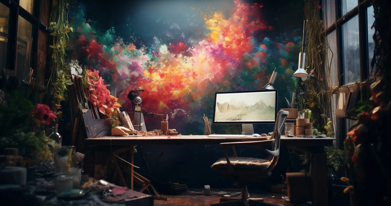 A captivating shot of a paint-splattered workspace