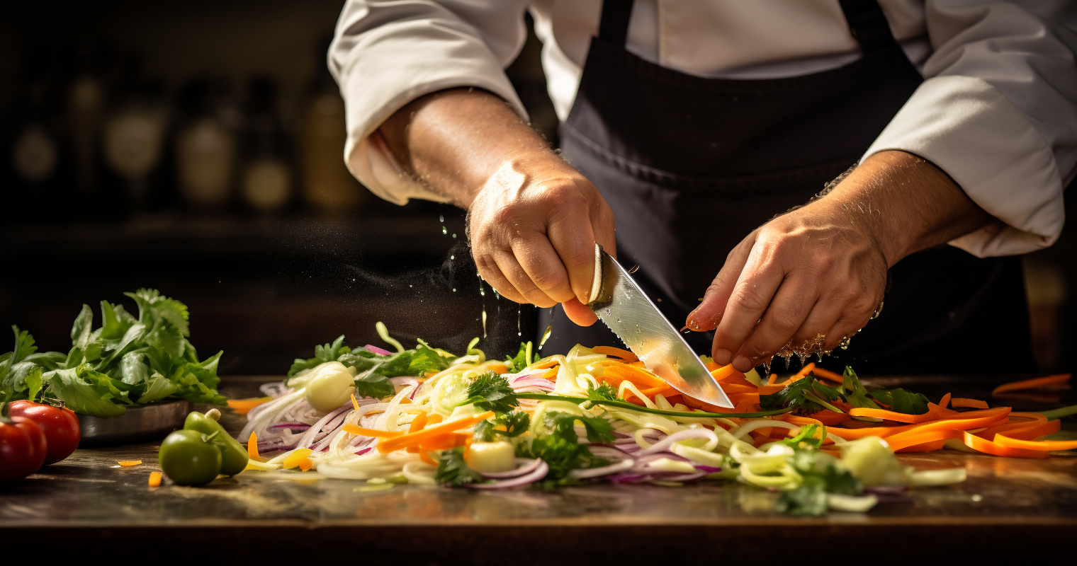 A chef expertly using a mandolin to slice vegetables