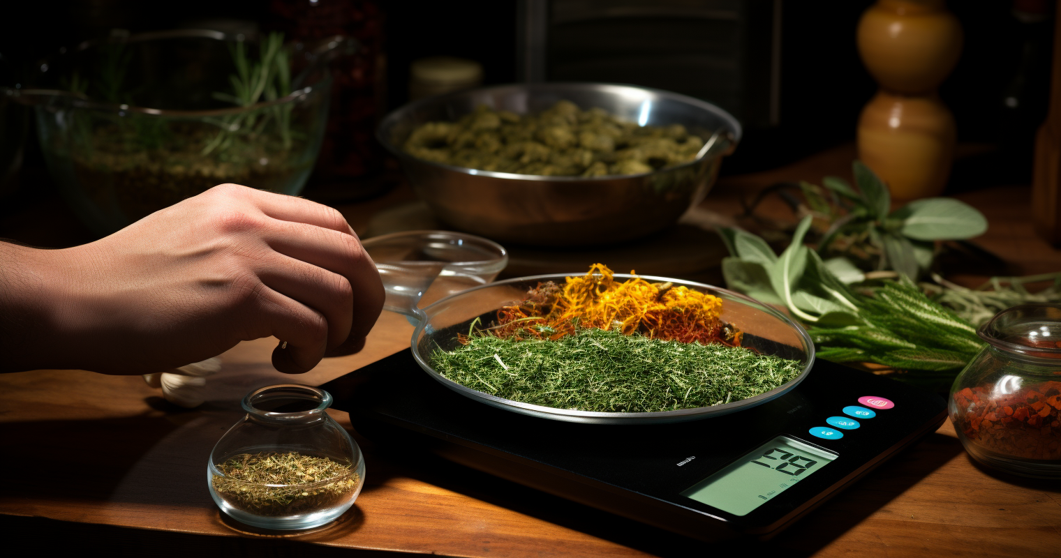 A chef measuring ingredients precisely with a scale