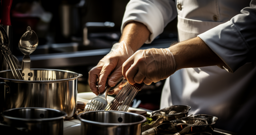 A chef's hands holding a variety of kitchen tools
