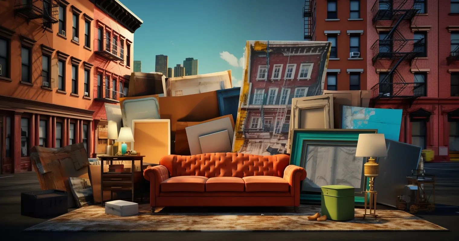 A cityscape of New York with moving trucks and movers