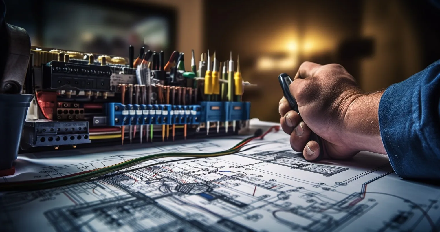 A close-up shot of an electrician's hand holding blueprints