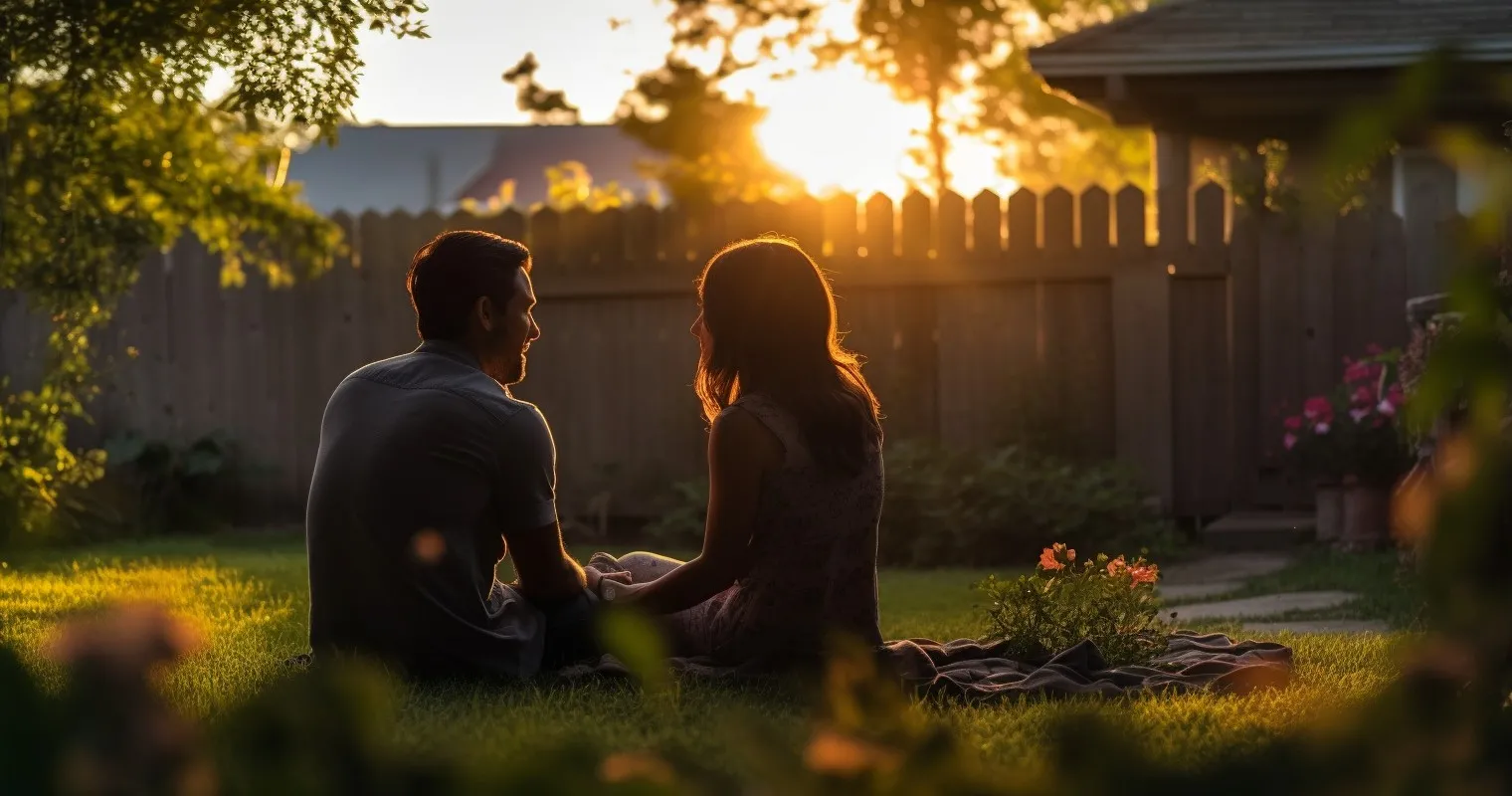 A couple enjoying a sunset in their backyard