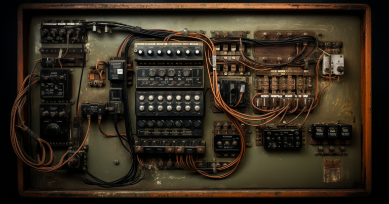 A detailed shot of a vintage electrical panel
