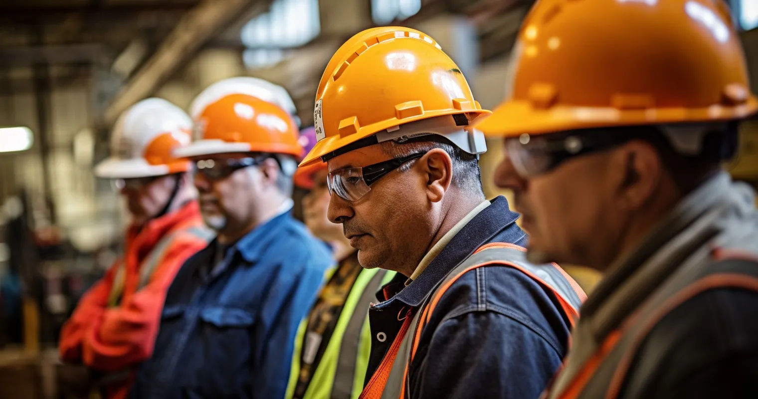A group of workers in varied safety gear during a safety drill