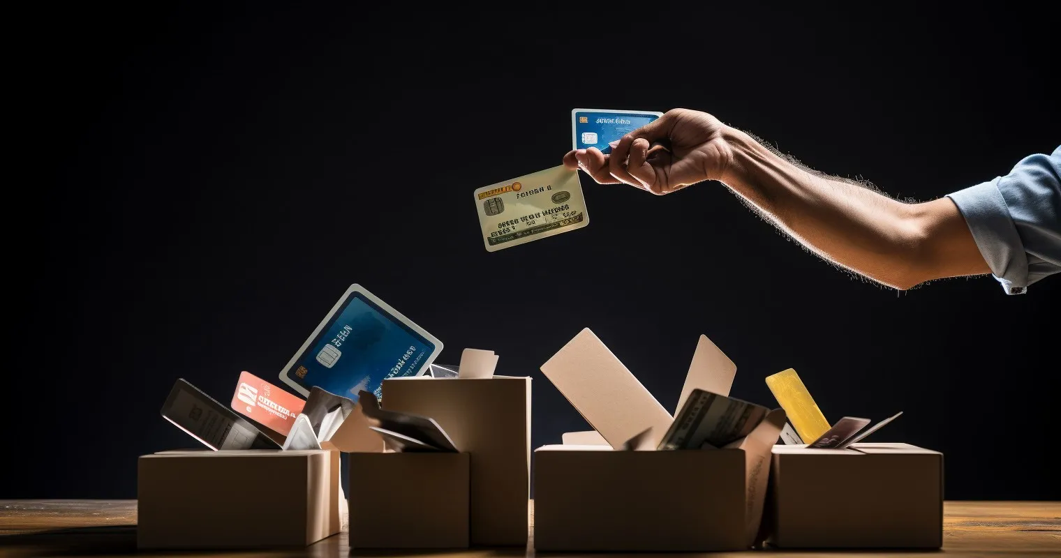 A hand holding various credit cards