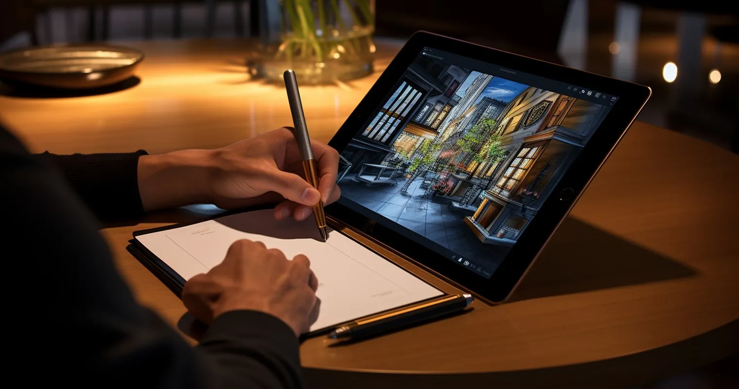 A Hand Sketching Interior Design Concepts On A Tablet