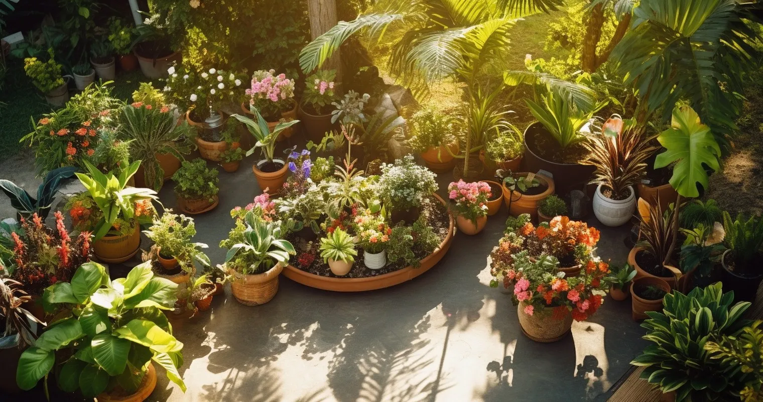 A lush green garden with houseplants in decorative pots