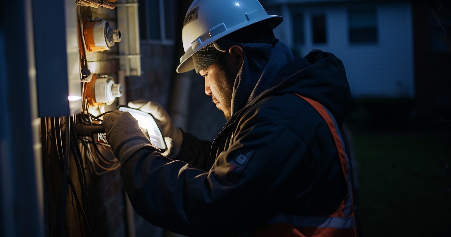 A skilled electrician in a safety suit inspecting a home