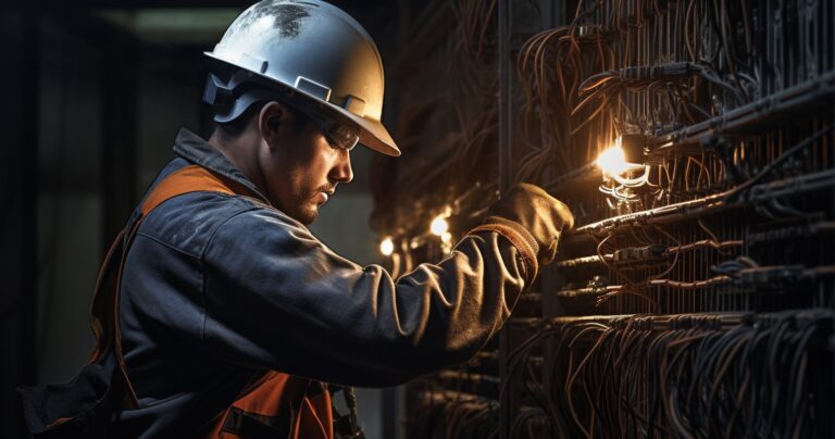 A skilled electrician running electrical wires through a wall with focused concentration