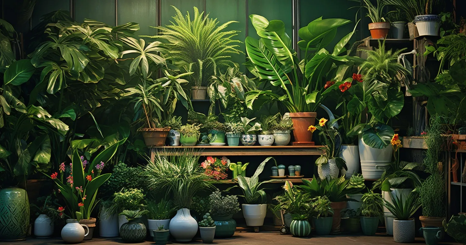 A variety of houseplants on shelves