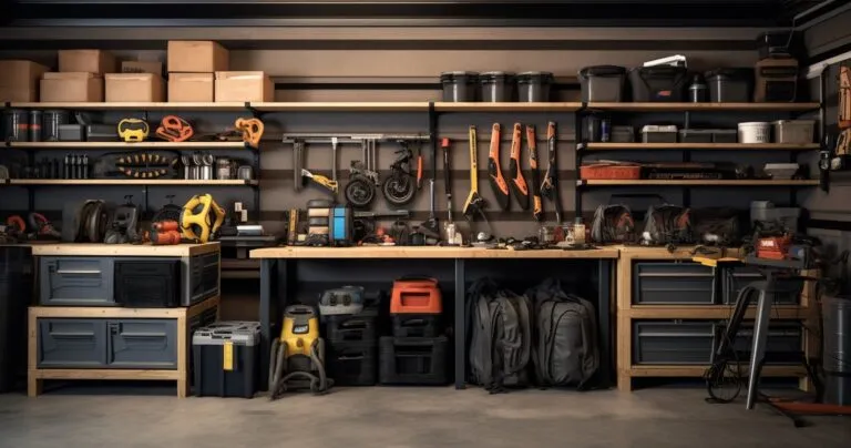 A well-organized garage with labeled shelves and tools
