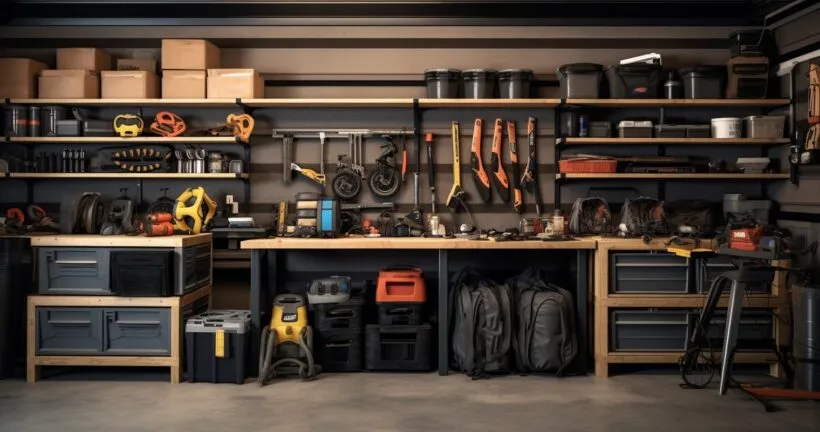 A well-organized garage with labeled shelves and tools