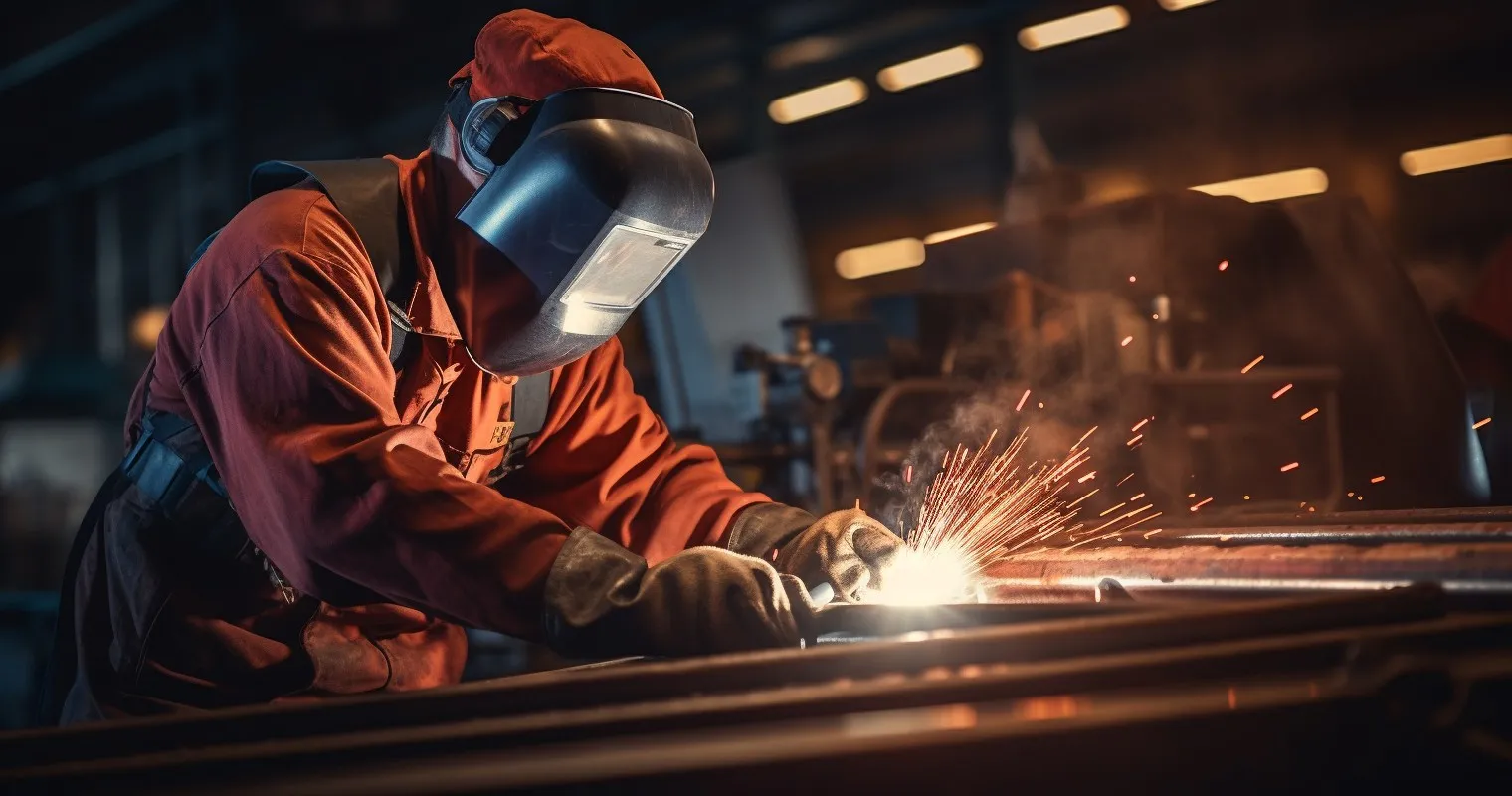 A worker in flame-resistant clothing handling a welding torch