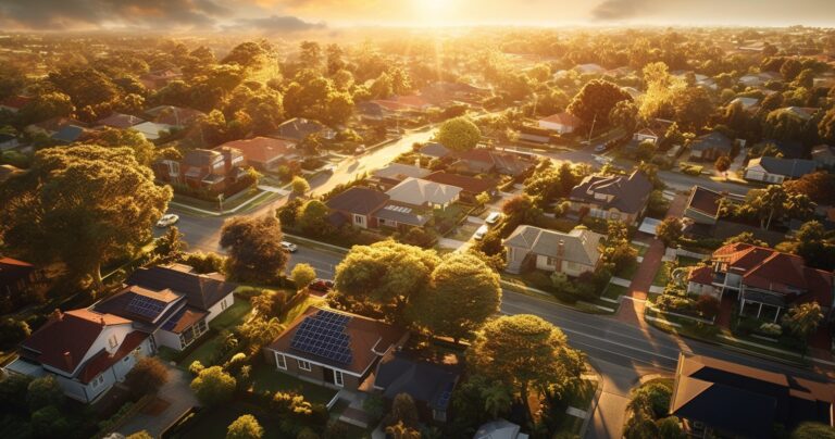 Aerial view of a modern suburban neighborhood at sunset