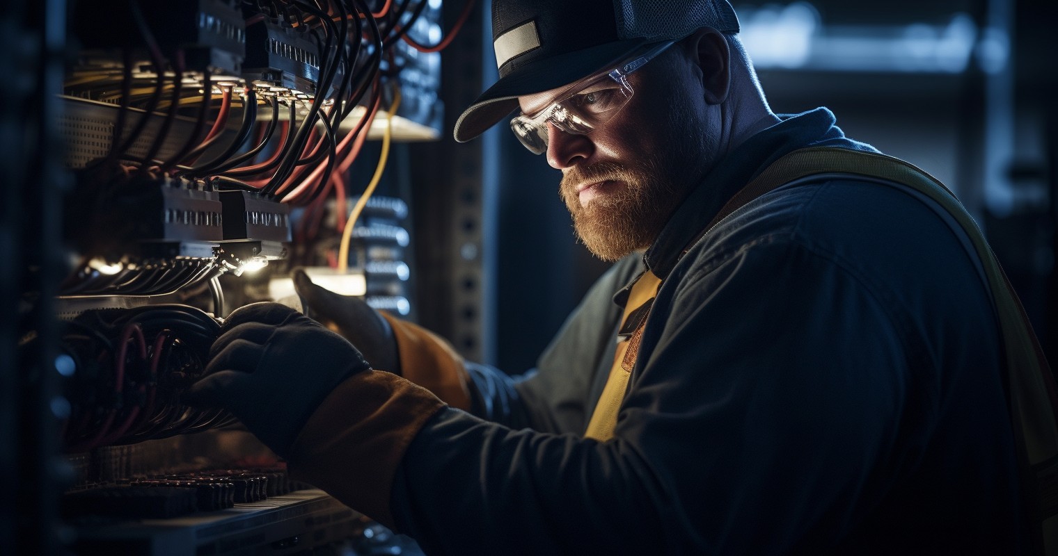 An electrician in a dimly lit room