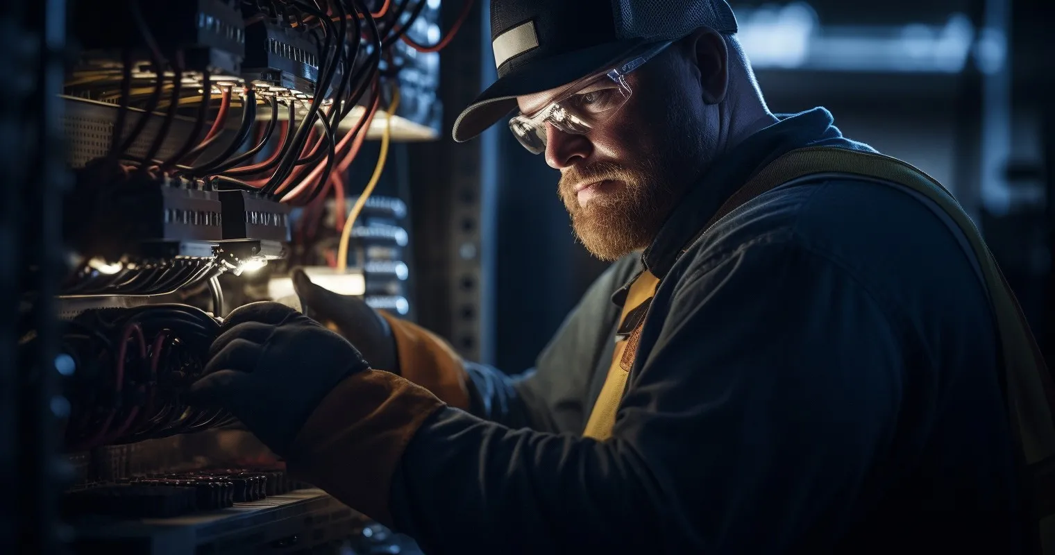 An electrician in a dimly lit room
