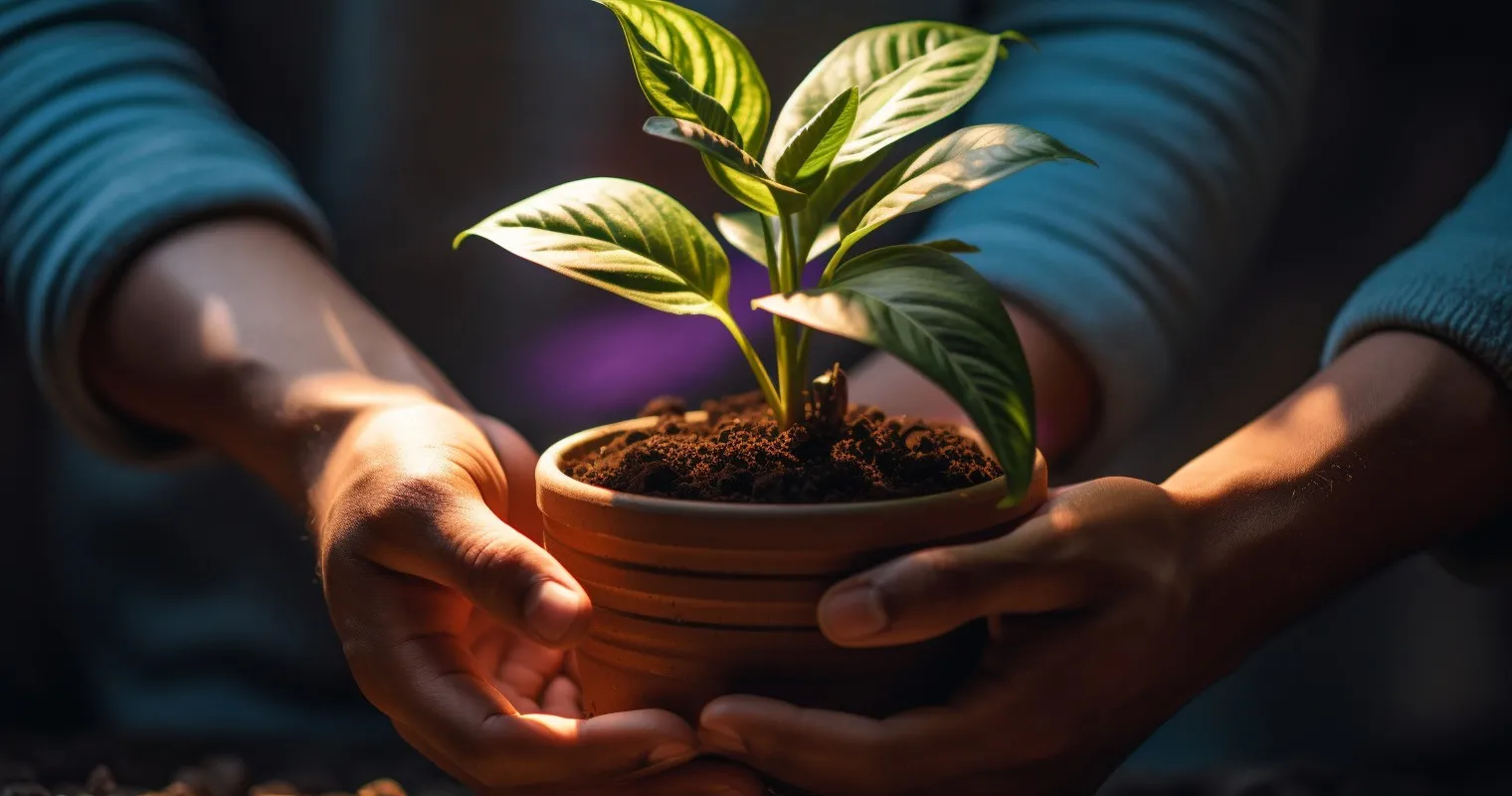 An image of a hand holding a potted houseplant