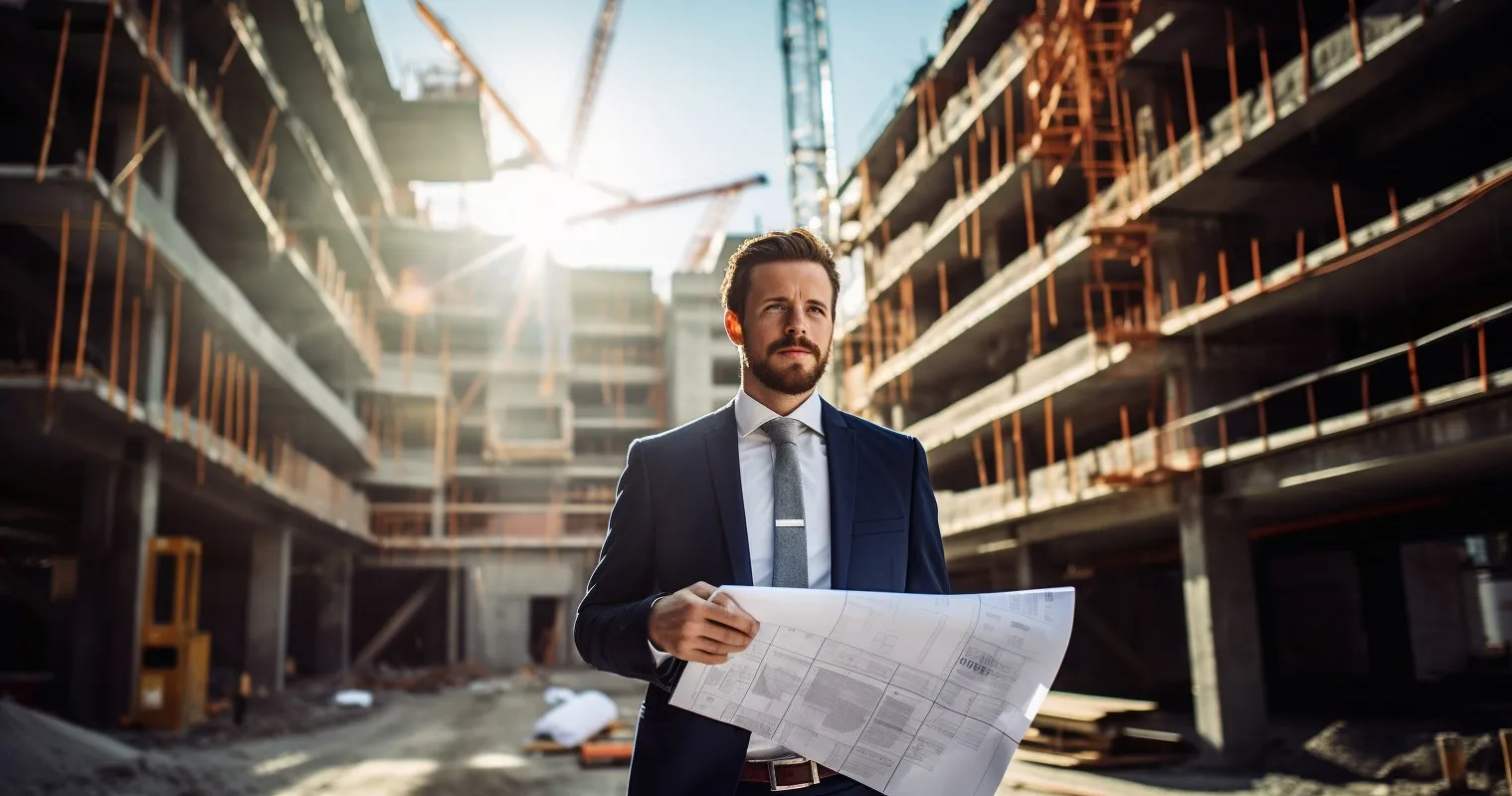 Architect Holding Blueprint Outside Construction Site
