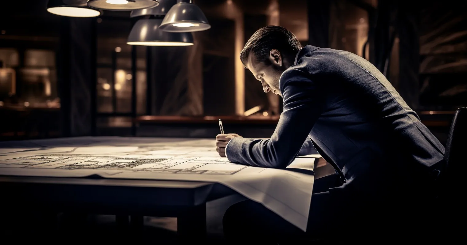 Architect Studying Blueprints Under Soft Lighting