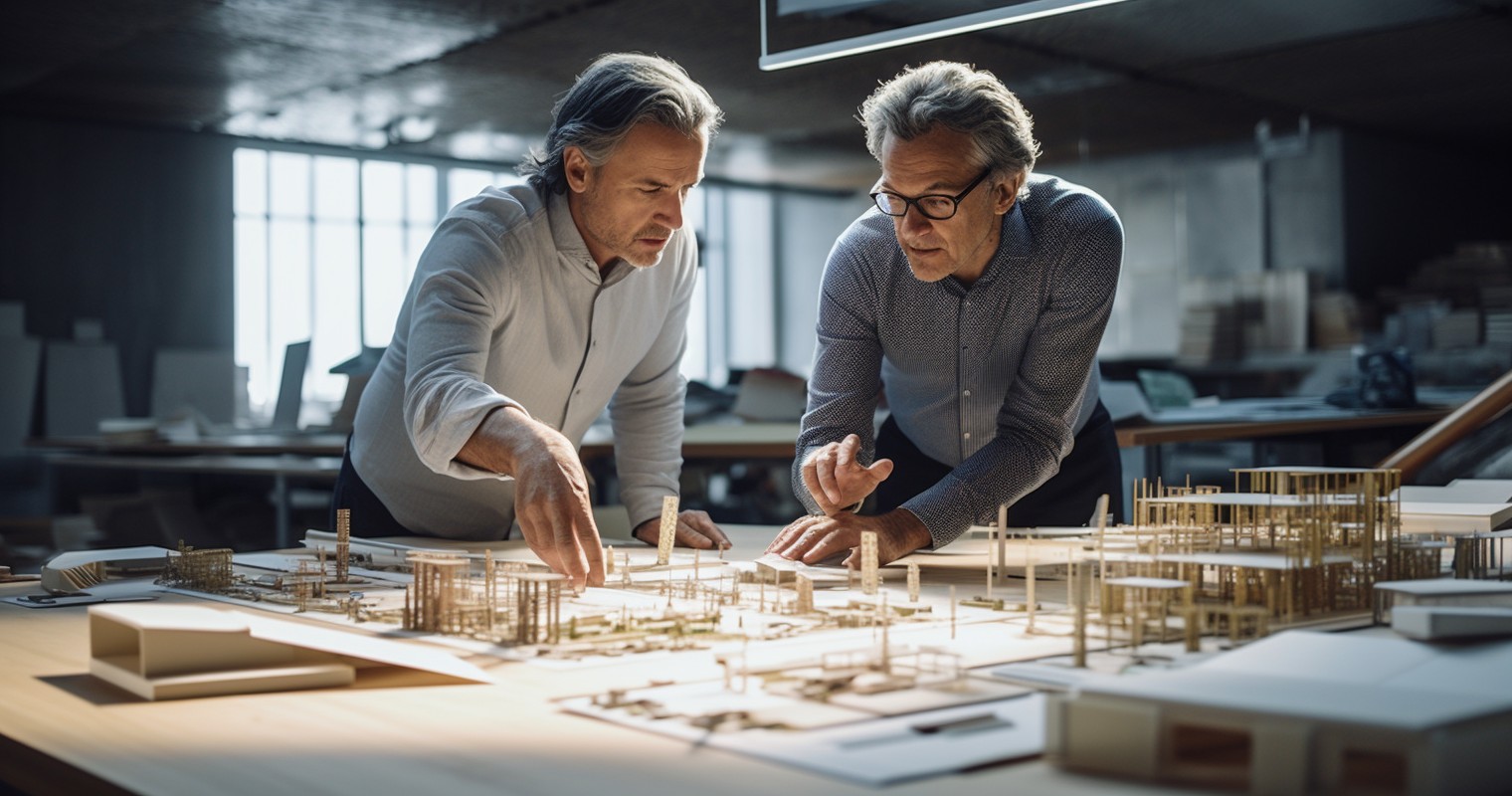 Architects Discussing Blueprints in Studio