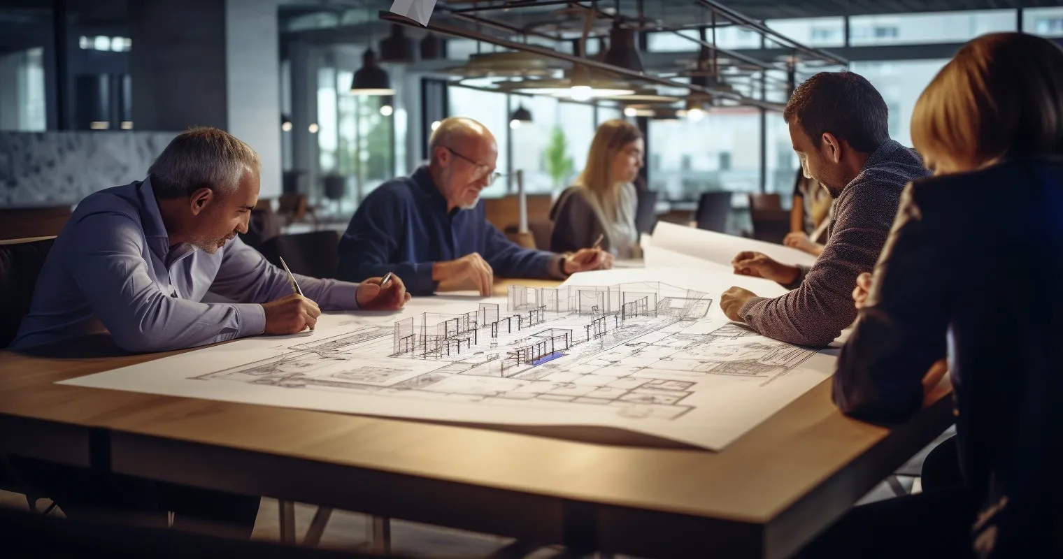 Architects Reviewing Blueprints And Budget Charts