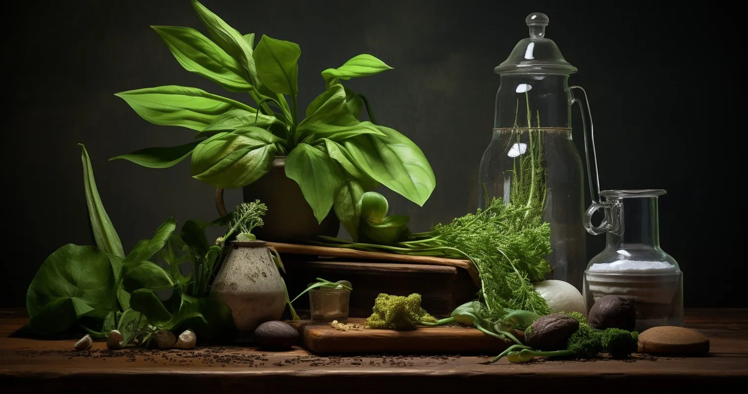 Artistic Still Life Of Diatomaceous Earth And Plant Cuttings