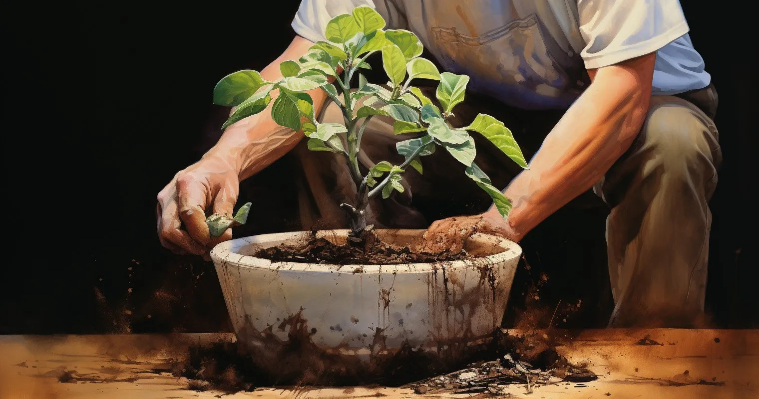 Artistic Portrayal Of Repotting A Growing Plant