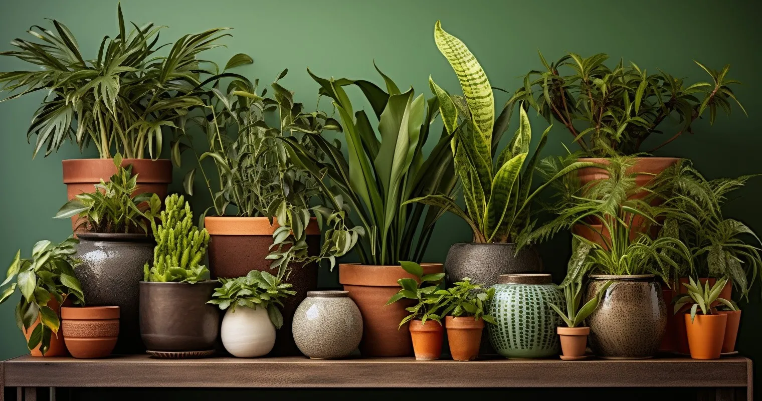 Assorted houseplants with different soil types