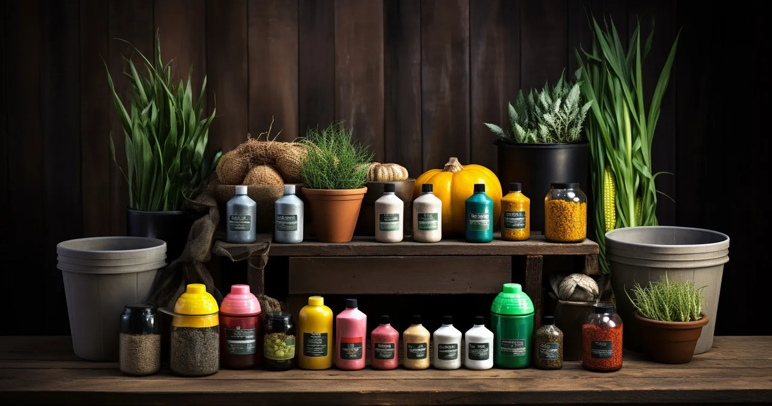 Assorted types of fertilizers on a wooden table